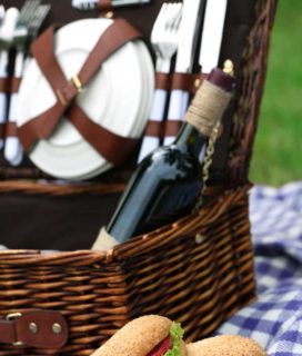 red wine in picnic basket
