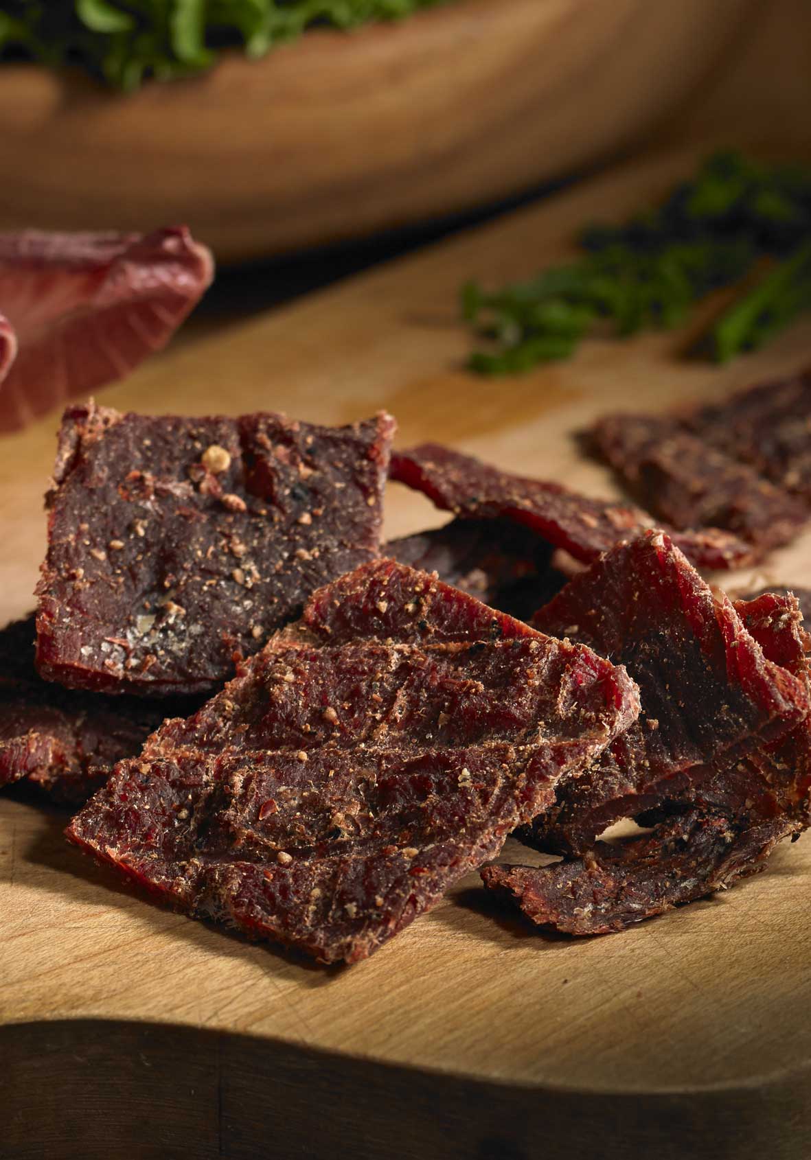 jerky pieces on a board
