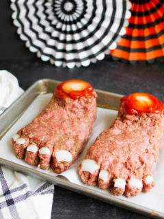 Meatloaf feet for Halloween made with ground meat, onions
