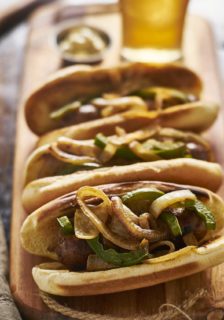 Bison Bratwurst with Caramelized Onions